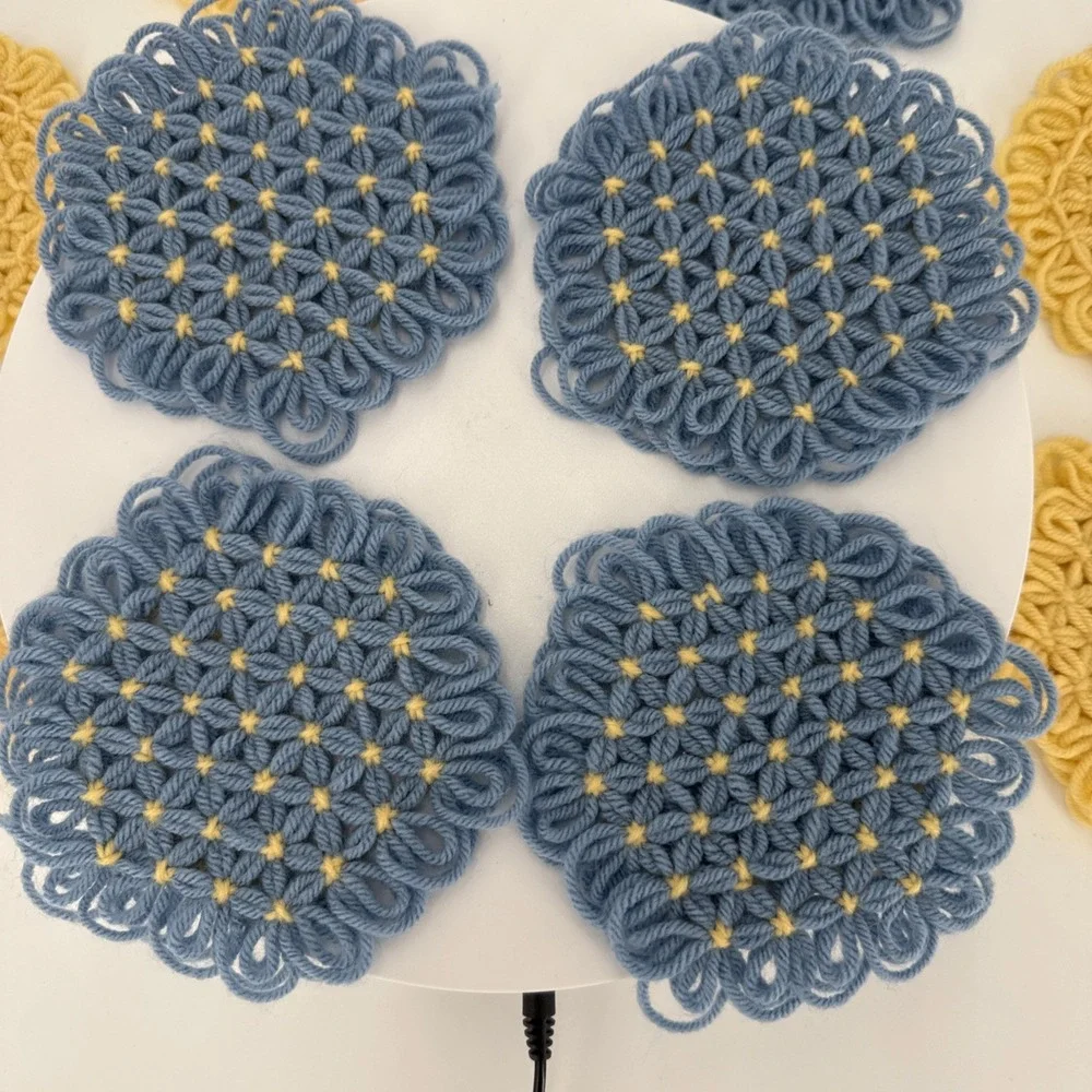 Vtg Handmade Loom Crochet Coasters-4 Blue/Yellow-1 Blue-4 Yellow-1 Yellow/White